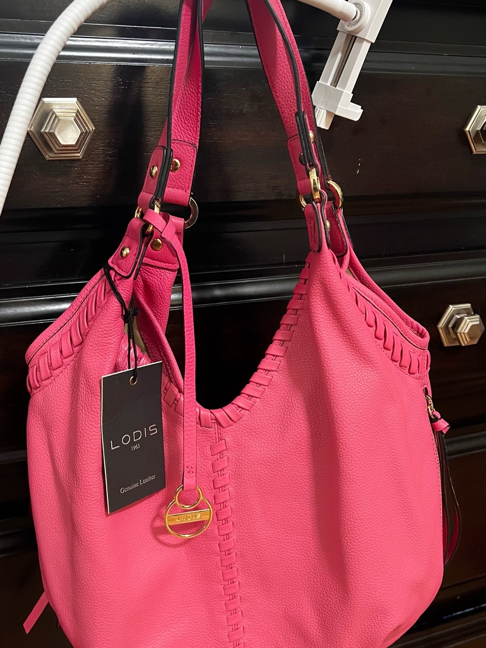 Lodis Hot Pink Braided Leather Tote Shoulder Bag